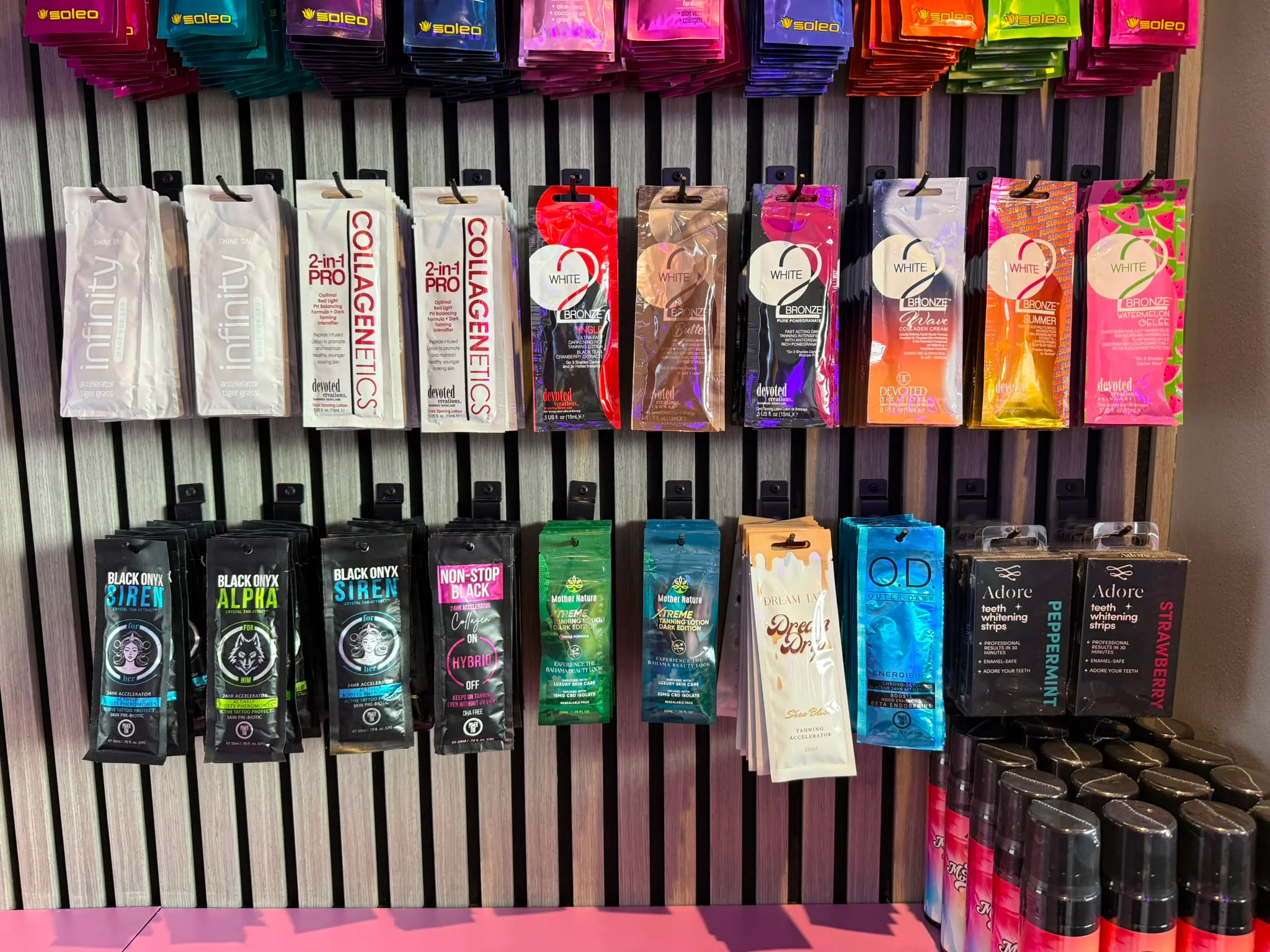 The colourful tanning accelerator and bronzer wall at Beautano, Nitshill Glasgow